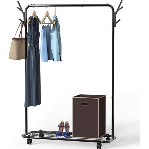 Simple Houseware Industrial Style Garment Rack With Wheels And Hooks, Black - Picture 2 of 6